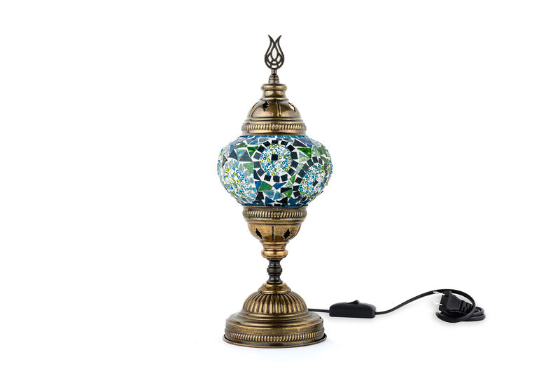 14.5 in. Handmade Turquoise Circles Mosaic Glass Table Lamp with Brass Color Metal Base image number 0