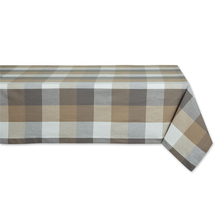 104" Stone Brown and White Tri Color Check Rectangle Tablecloth
