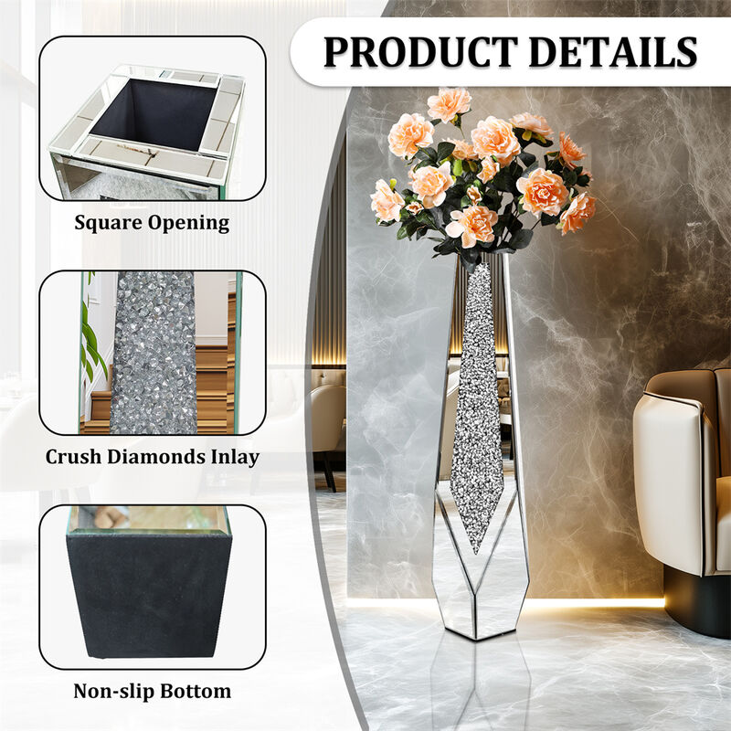 XL Floor Vase Sparkle Diamond Crushed Silver Mirrored Vase Bevelled Border Base image number 4