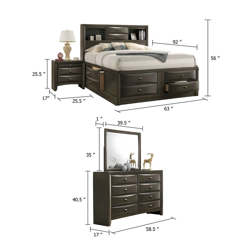 Simo 5pc Queen Bedroom Set w Bookcase Headboard, 2 Nightstands, Gray image number 4