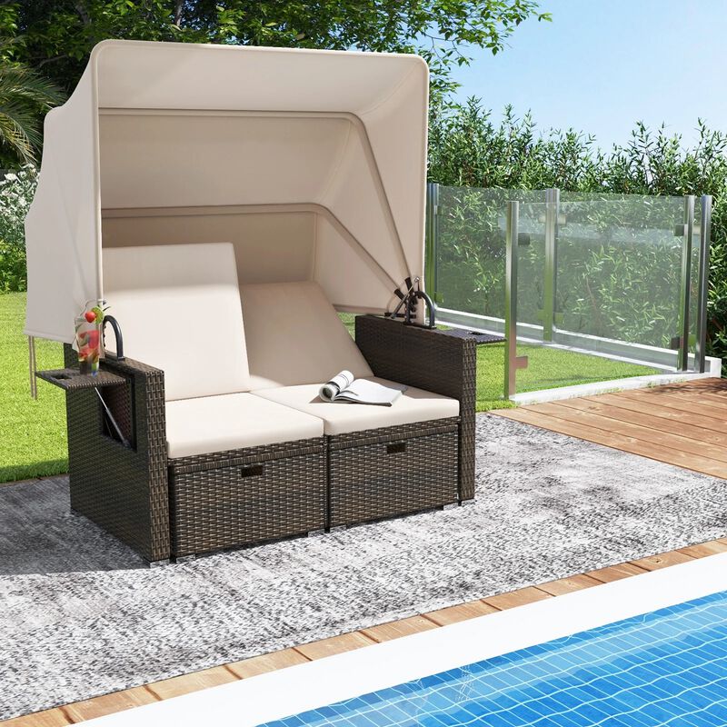 Mondawe Outdoor Patio Rattan Daybed with Retractable Canopy and Adjustable Backrests