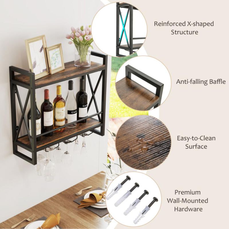 Hivvago Wall Mounted Wine Rack with 2-Tier Shelves and 3 Glass Holders