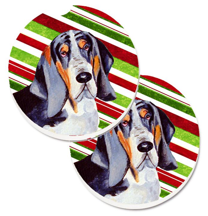 Caroline's Treasures Basset Hound Candy Cane Holiday Christmas Set of 2 Cup Holder Car Coasters LH9237CARC, 2.56, Multicolor