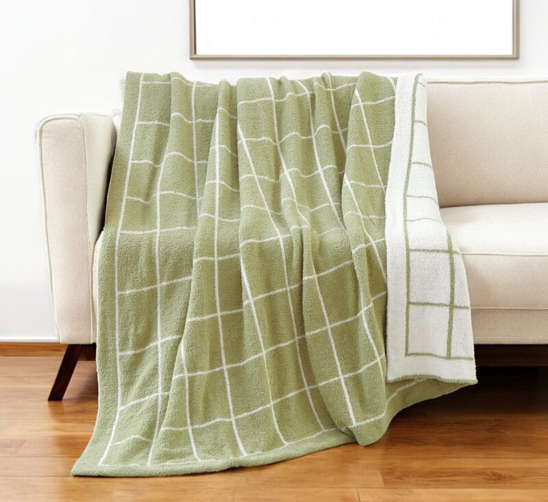 HomeRoots 50" X 60" Green and White Fleece Knitted Geometric Plush Throw Blanket image number 1