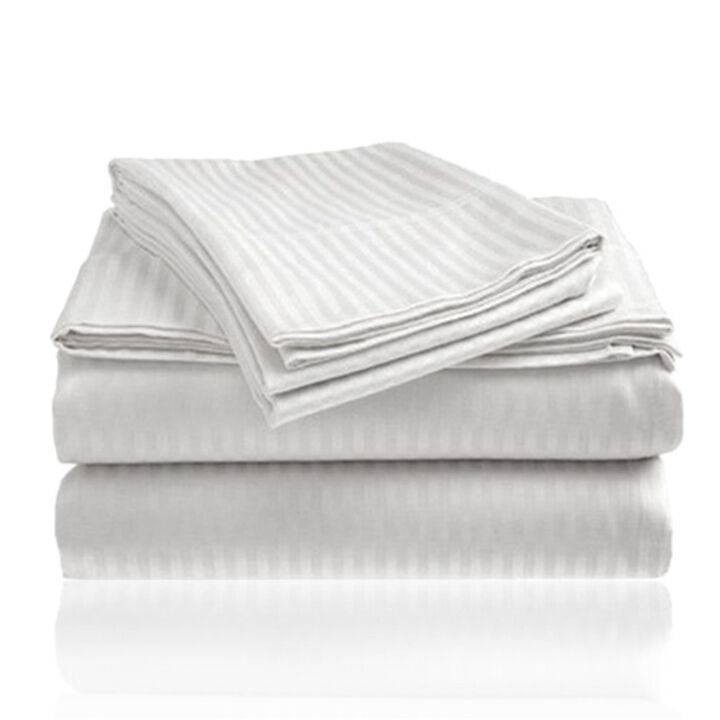 Embossed 1800 Series Wrinkle Resistant Ultra Soft Stripe Premium All Season Bed Sheet Set, King, White