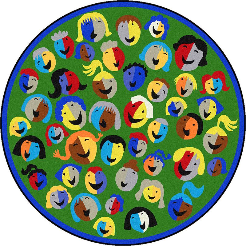 Joy Carpets Kid Essentials Joyful Faces 7'7 Round Area Rug in Color Green