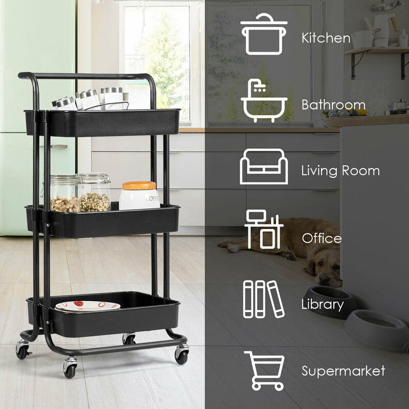 3-Tier Utility Cart Storage Rolling Cart with Casters