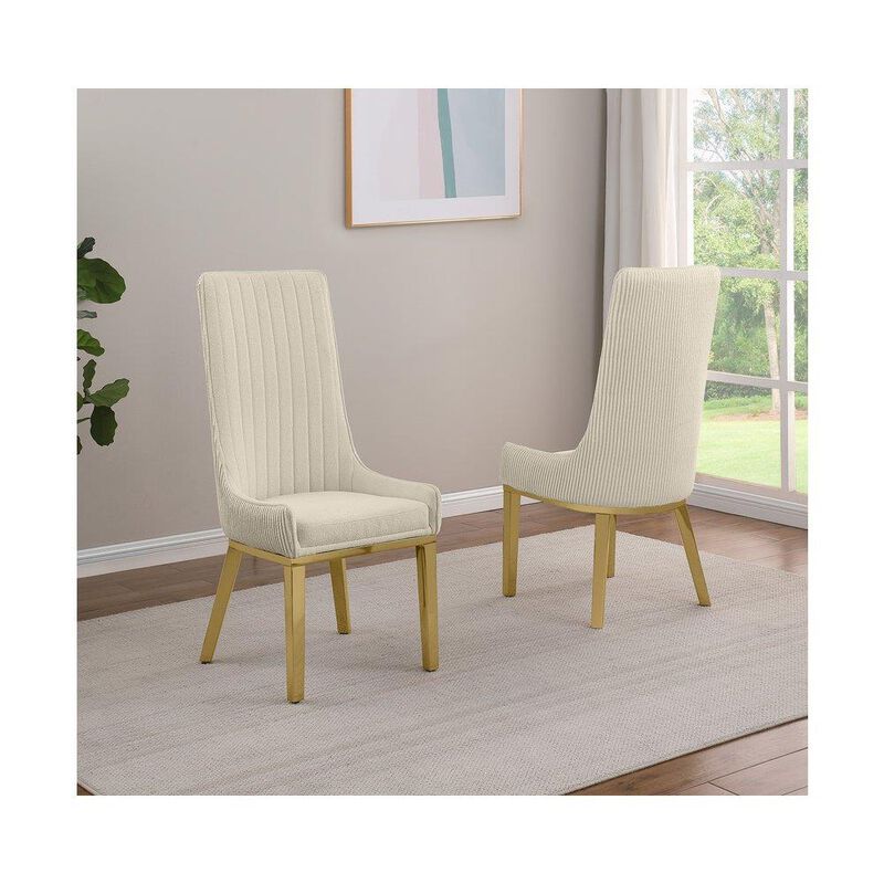 Cream Upholstered Dining Chairs with Gold Base and Pleated Back Design - Set of 2