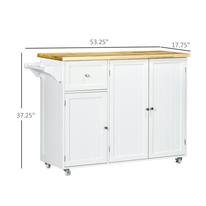 Rolling Kitchen Island on Wheels, Utility Serving Cart with Rubber Wood Top, Towel Rack, Storage Cabinet, Drawer, White