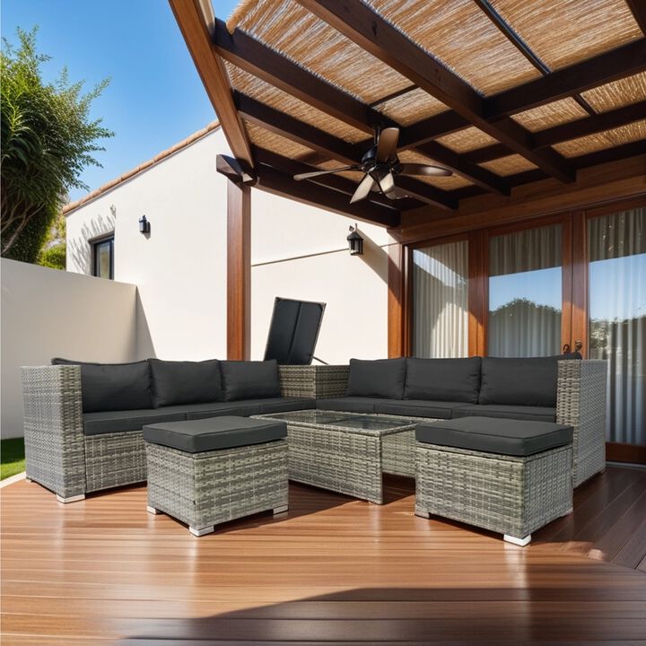 Whisen 8-Piece Wicker Rattan Patio Sectional Set with Storage Box, Cushion Box & Clear Glass Top