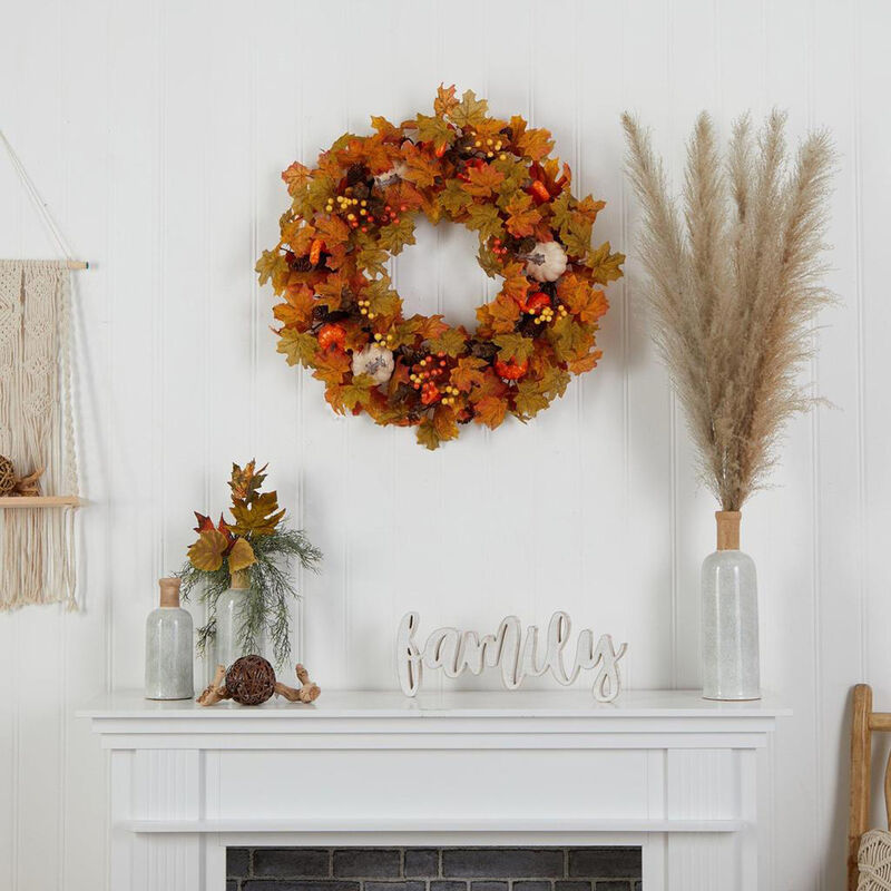 Nearly Natural 30-in Autumn Pumpkin and Maple Leaf Artificial Fall Wreath image number 3