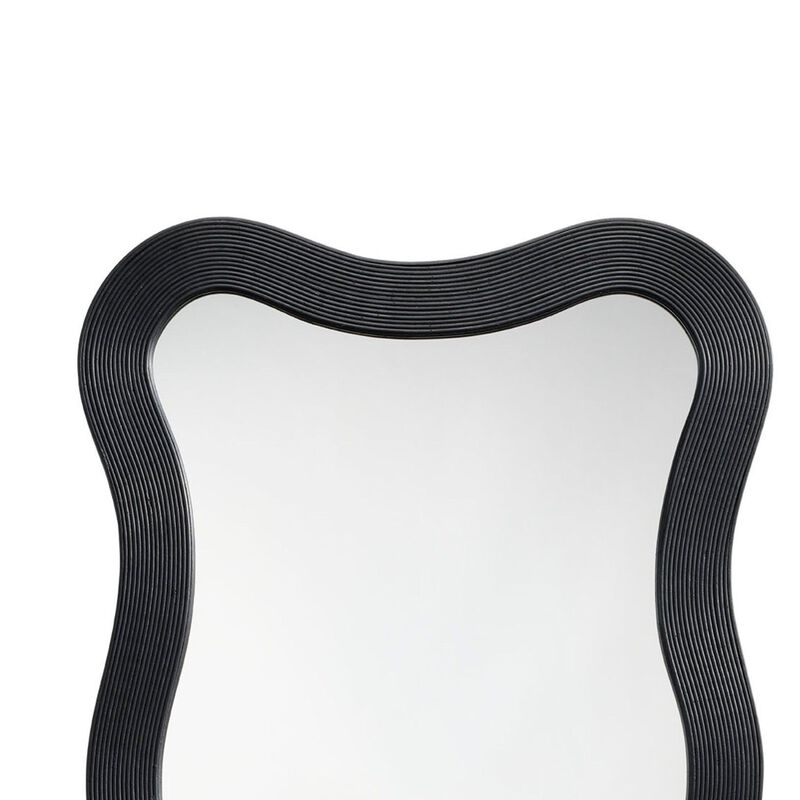 Lery Wall Mirror, 38 Inch Wavy Frame, Boho Style Black Natural Bamboo - Benzara