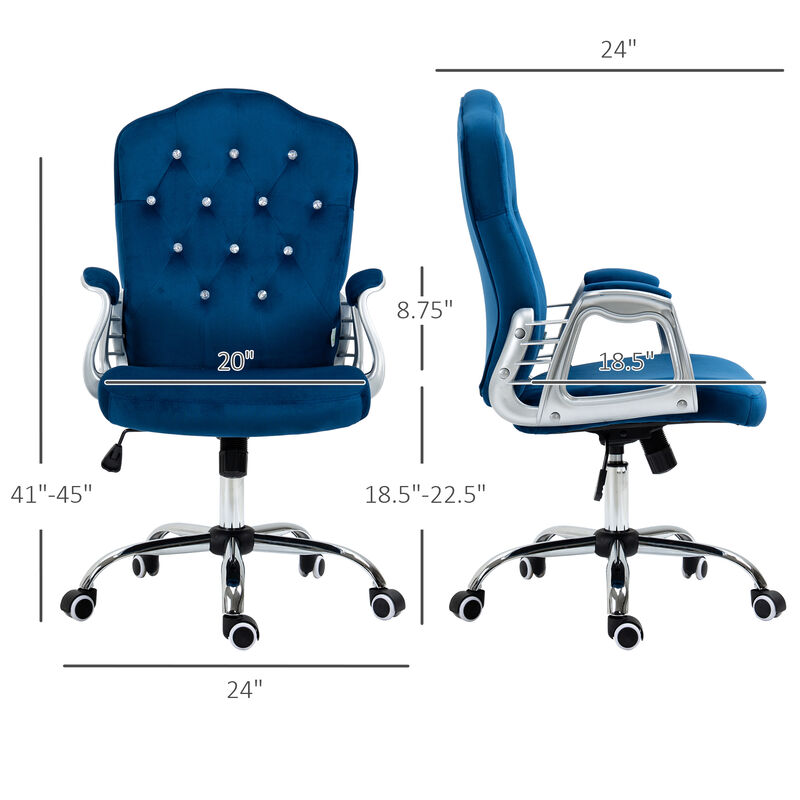 Vinsetto Home Office Chair, Velvet Computer Chair, Button Tufted Desk Chair with Swivel Wheels, Adjustable Height, and Tilt Function, Blue