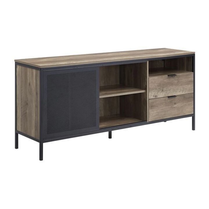TV Stand with Metal Frame, Rustic Oak Brown and Black-Benzara