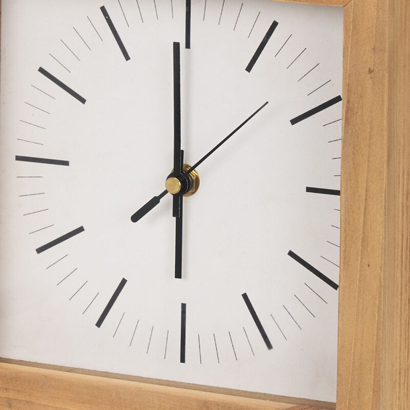 HomeRoots 11" Natural And Black Solid Wood And Metal Square Table Clock image number 2