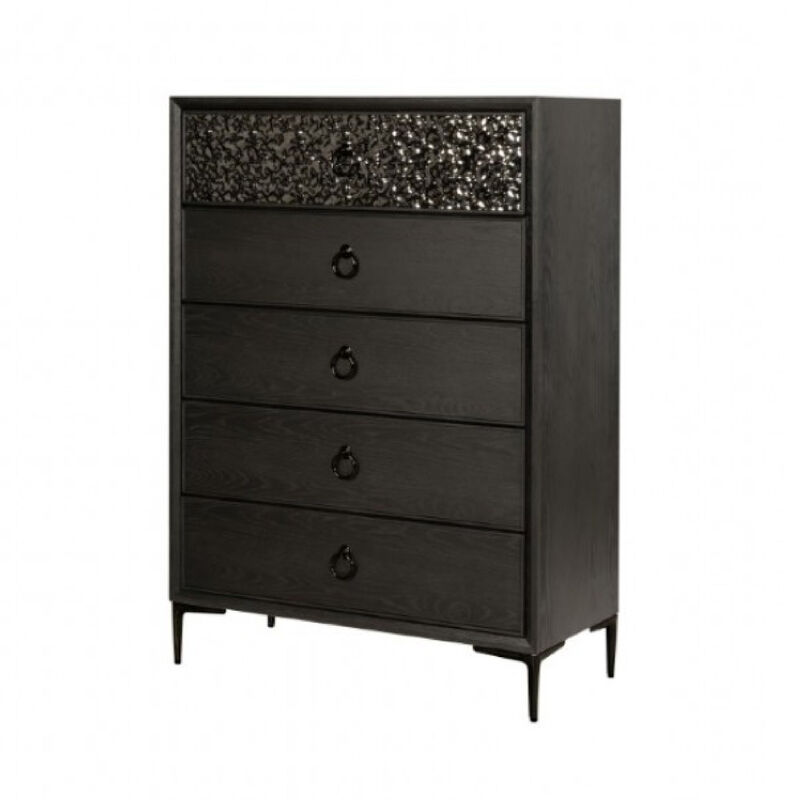 Kaira Tall Dresser Chest, 5 Drawers, Textured Metal, Espresso Brown - Benzara