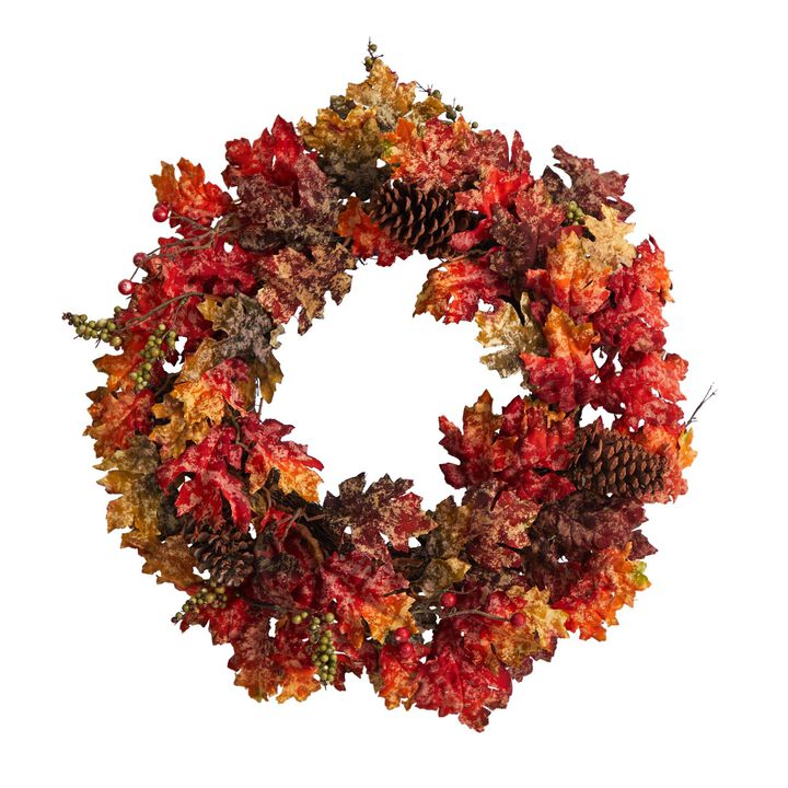 Nearly Natural 24-in Autumn Maple, Berries and Pinecone Fall Artificial Wreath