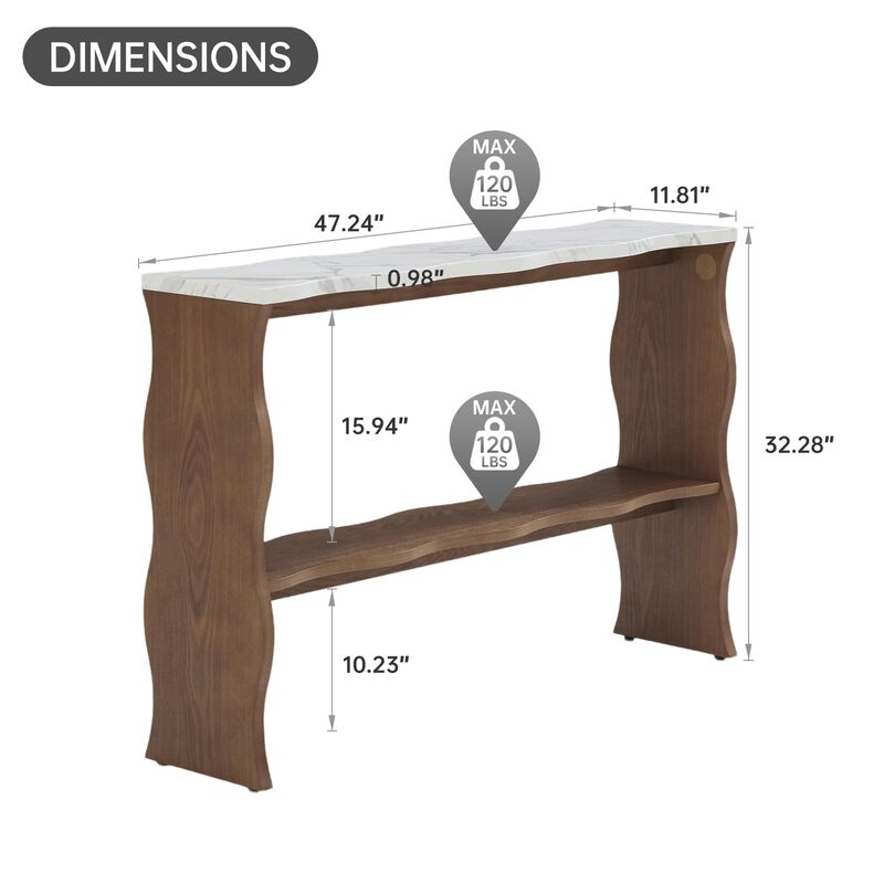 Whisper of Waves Modern Console Table with Marble Pattern Top & Solid Wood Veneer Shelf image number 1