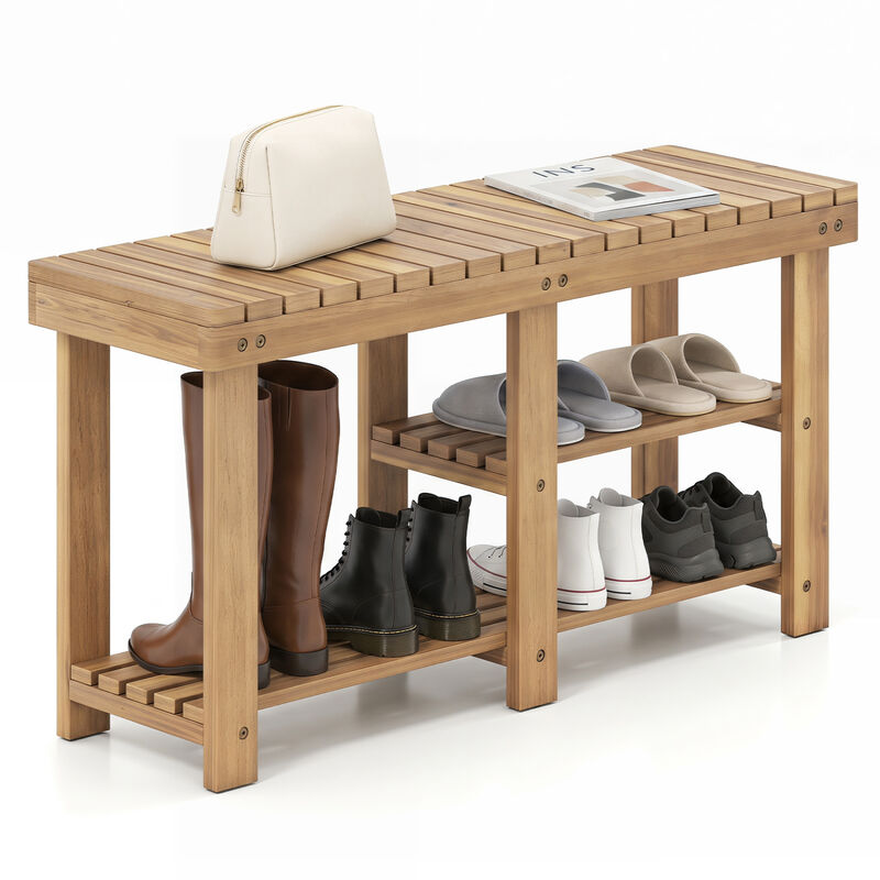 Entryway Shoe Rack Bench 3-Tier Solid Wood Slatted Design image number 4