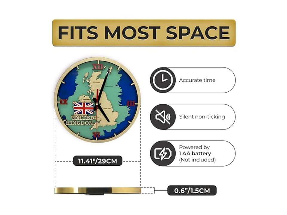 Wooden Map Pattern Vintage Gold Wall Clock 41 Inch Silent Wood Home Decor