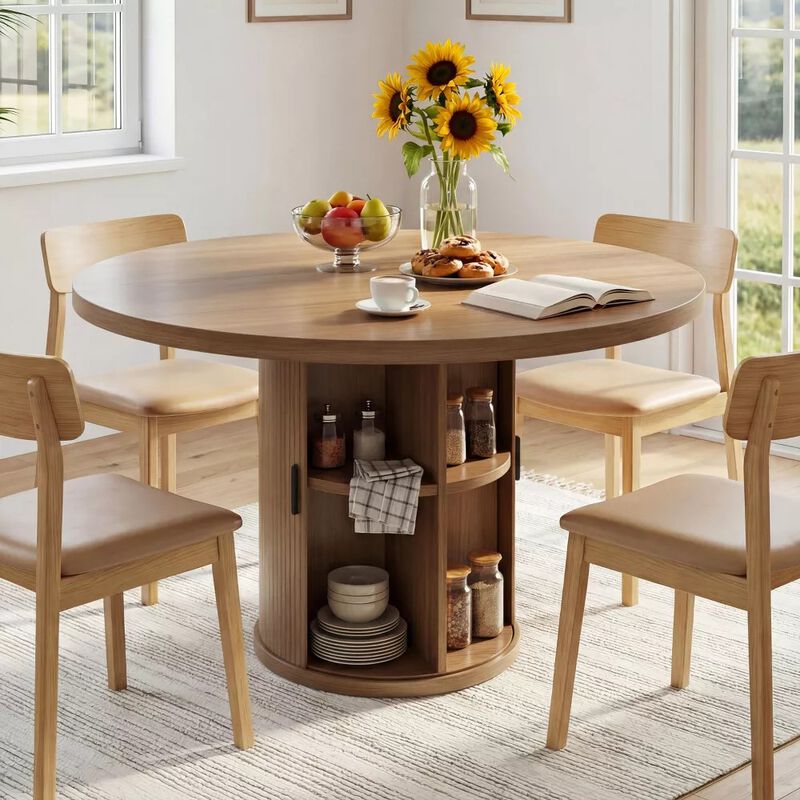 Vipbear 35.43" Round Dining Table for 4, Modern Wooden Kitchen Table with Built-in Storage Shelves image number 8