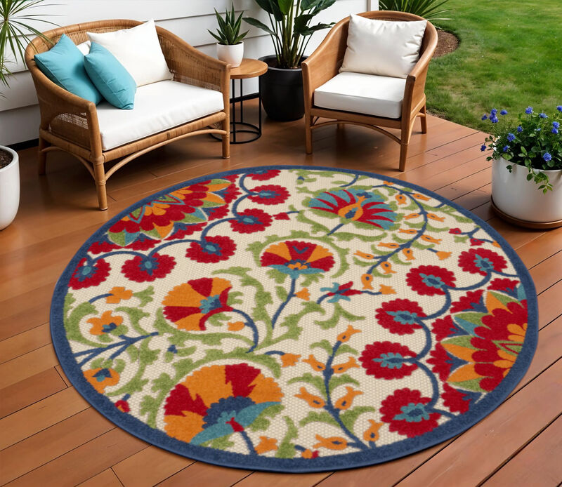 HomeRoots 8' Navy Blue Beige Green Blue And Red Round Floral Indoor Outdoor Area Rug image number 1
