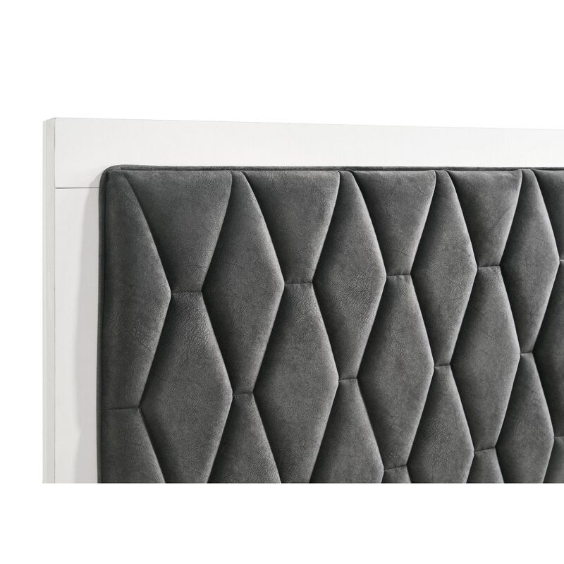 Noro California King Bed, White Melamine, Hexagonal Tufted Upholstery - Benzara