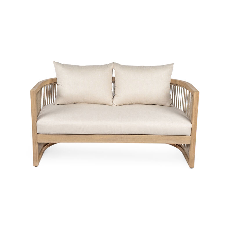 Christopher Knight Home Remy 54" Outdoor Acacia Wood Upholstered Loveseat with Curved Rope Weave Back image number 0