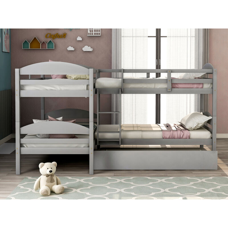 Twin L-Shaped Bunk Bed With Trundle