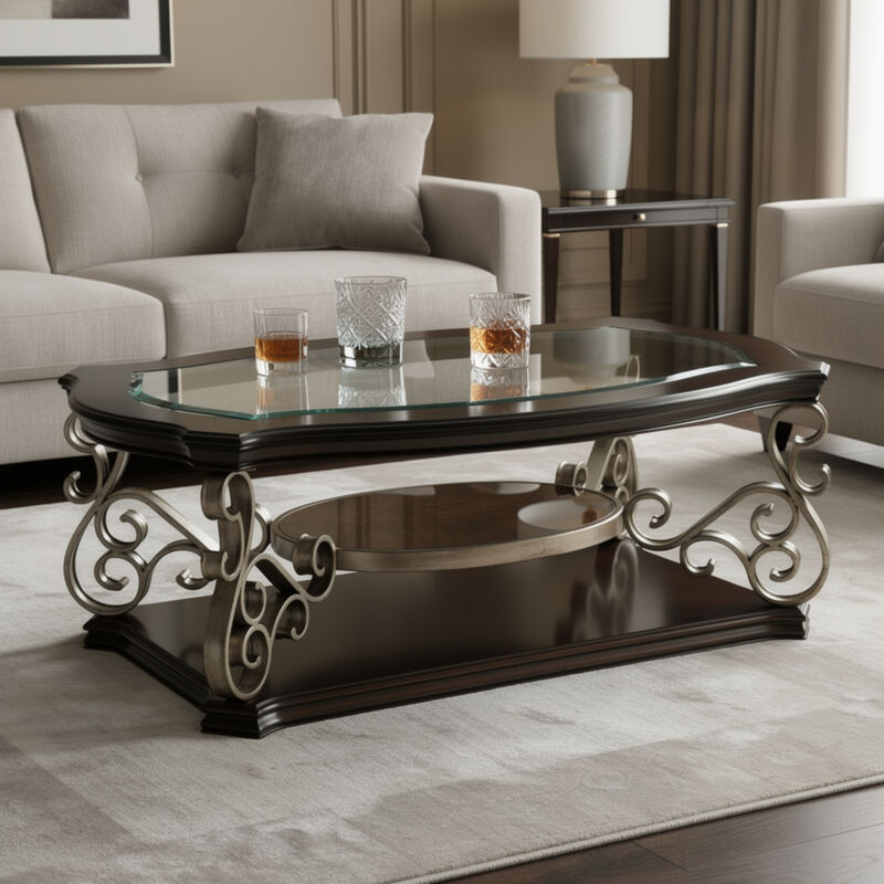 Cocktail Table with Glass Top and Scroll Accent, Brown image number 8