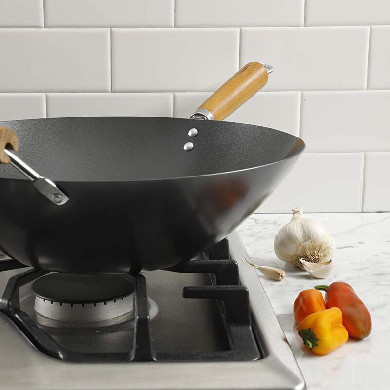 Kenmore Hammond 14 Inch Flat Bottom Carbon Steel Wok in Black with Wooden Handles