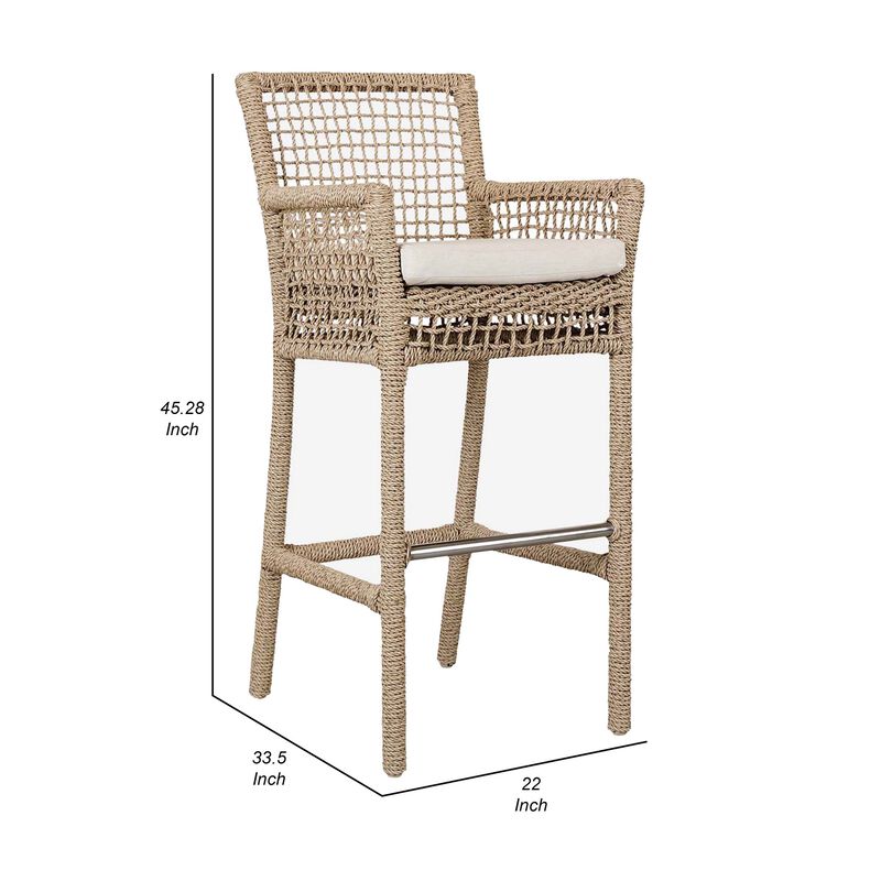 Zev 31 Inch Outdoor Bar Stool Chair, Rope Woven, Ivory Olefin Fabric Seat-Benzara