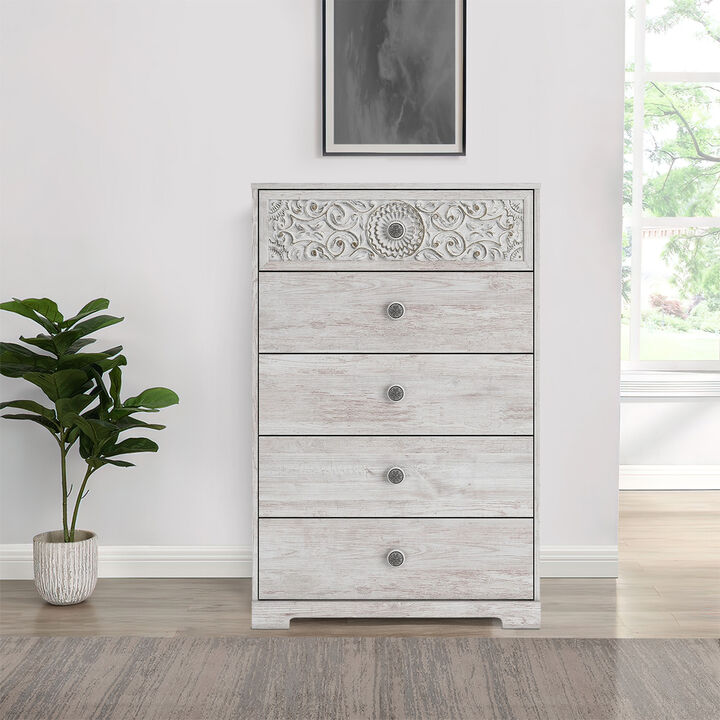 46 Inch 5 Drawer Modern Tall Dresser Chest, Whitewashed Carved Design Wood-Benzara