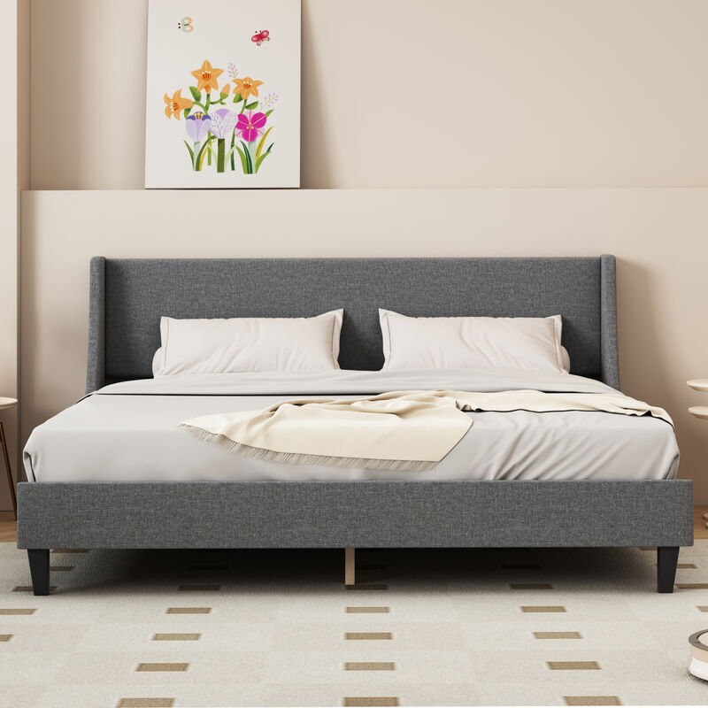 King Size Bed Frame Upholstered Bed Frame Platform with Adjustable Headboard Linen Fabric Headboard Wooden Slats Support/No Box Spring Needed/Easy Assembly/Mattress Foundation, Light gray