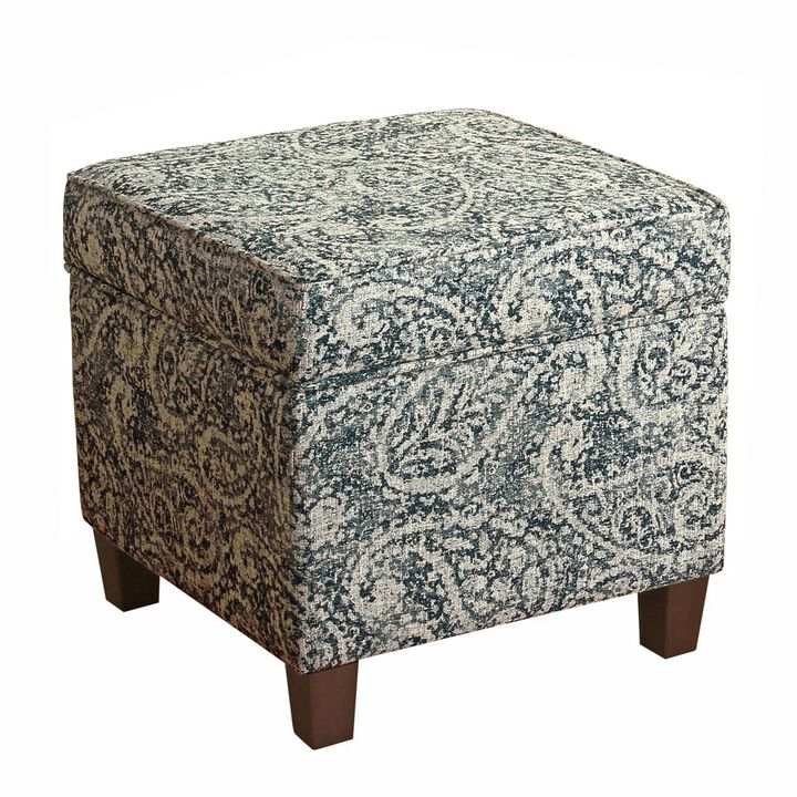 Paisley Pattern Fabric Upholstered Wooden Ottoman with Lift Off Top, Blue and Gray - Benzara