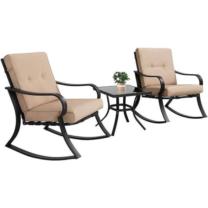 Hivvago 3-Piece Outdoor Patio Furniture Table Rocking Chairs Set with Beige Cushions