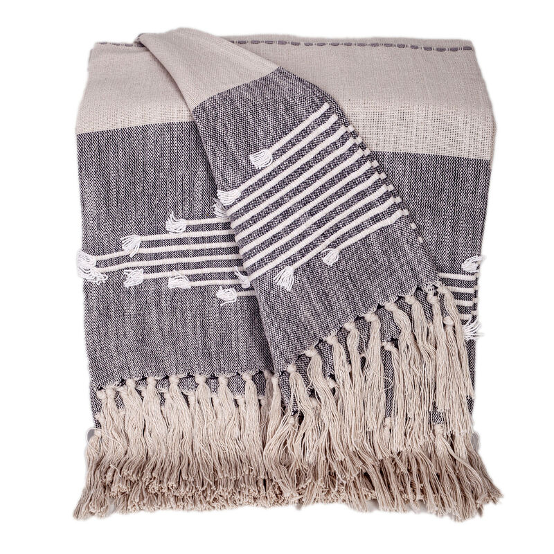 HomeRoots 50" X 60" Ivory and Gray Woven Cotton Striped Throw Blanket with Fringe and Embroidery image number 0
