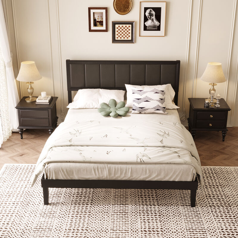 FUFU&GAGA Modern Upholstered Solid Wood Bed Frame in Black, Rubberwood Platform Bed with Padded Linen Headboard and Plywood Slats, Queen Size, (82" L x 63.3" W x 40.9" H),Black