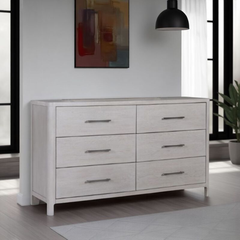 Reham Wide Dresser Chest, 6 Drawers, Pewter Handles, White Wash Brown - Benzara