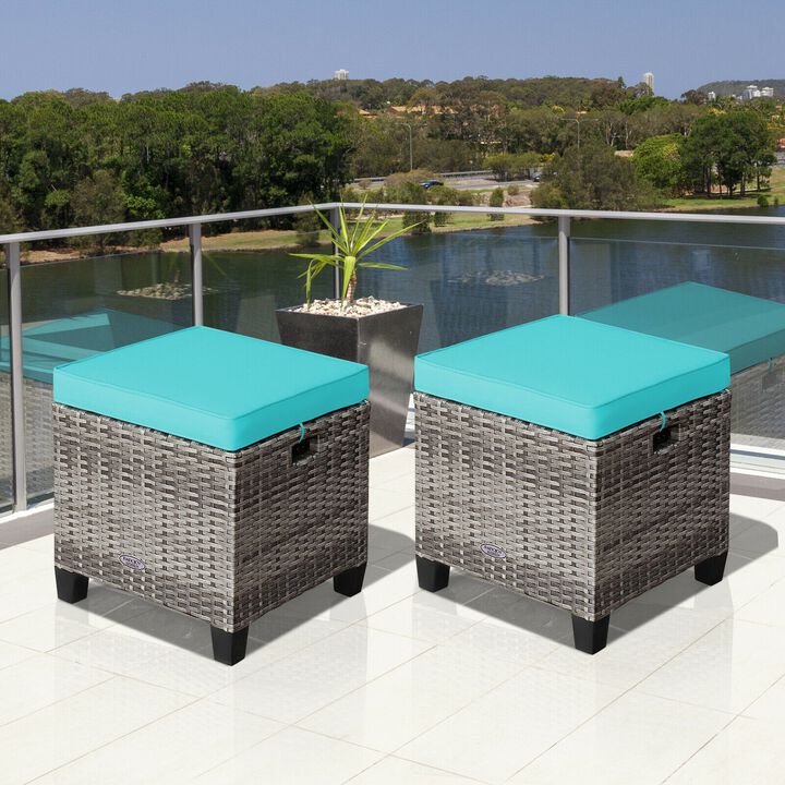 2PCS Patio Rattan Wicker Ottoman Seat with Removable Cushions