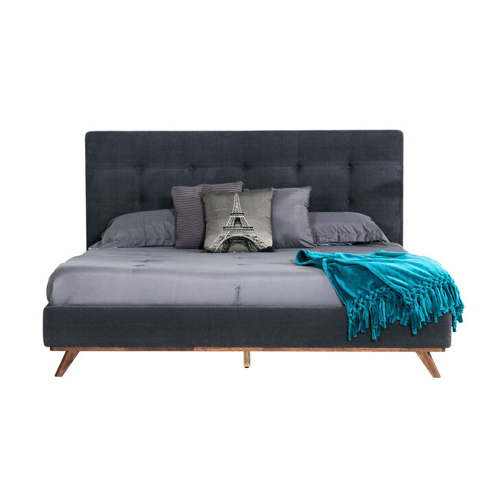 Adia Platform King Bed, Dark Gray Button Tufted Polyester Upholstery - Benzara
