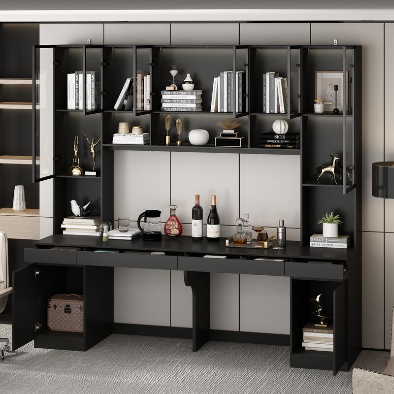 90.6 in. W Black Wood Computer Gaming Desk Home Office Desk, with 82.7 in. H Bookshelf, LED Lights, Drawers, Cabinets