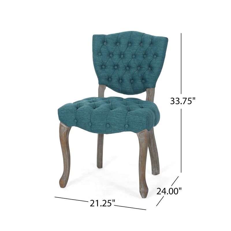 Dining Chair Set of 2, Button Tufted Teal Fabric Design, Rubberwood - Benzara