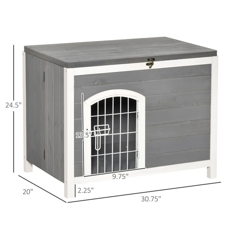 Foldable Wooden Dog House Raised Puppy Cage Kennel Cat Shelter w/ Lockable Door Openable Roof Removable Bottom for Small and Medium Pets Grey