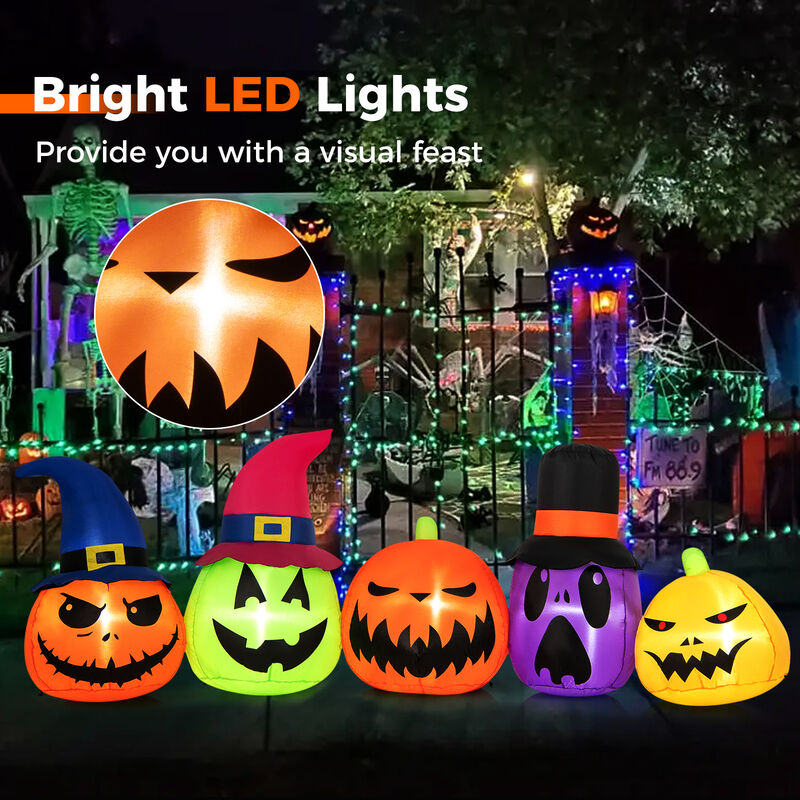 9 Feet Inflatable Pumpkin Patch Family with Built-in LED Lights and Witch Hats image number 4