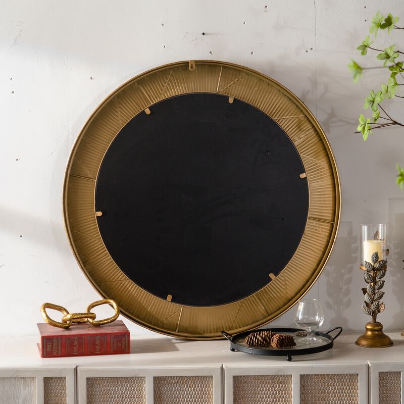 31.3"Gold Textured Round Wall Mirror-Decorative Mirror, Boho Accent Mirror image number 7