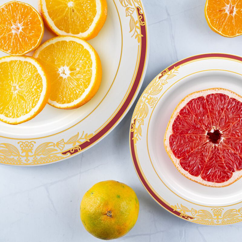 White with Burgundy and Gold Harmony Rim Plastic Dinnerware Value Set (40 Sets) image number 8