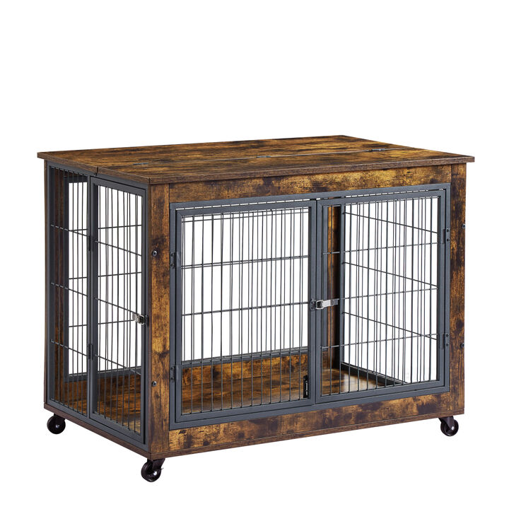 Furniture Dog Cage Crate with Double Doors, Rustic Brown, 38.58" W x 25.2" D x 27.17" H