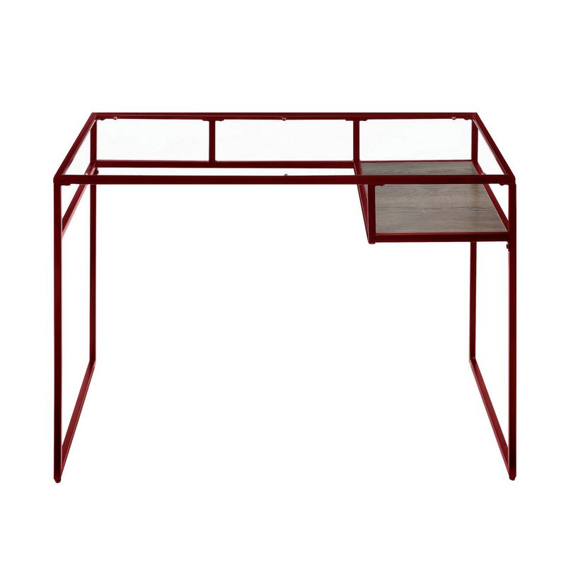 Rectangular Glass Top Desk with Open Compartment and Sled Base, Red-Benzara image number 3