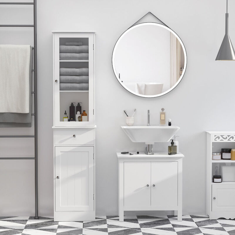 White Bathroom Tower: Freestanding Storage Cabinet with Doors and Shelves